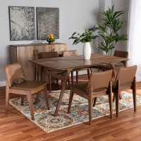 Baxton Studio RDC827-BrownWalnut-7PC Dining Set Baxton Studio Afton Mid-Century Modern Brown Faux Leather Upholstered and Walnut Brown Finished Wood